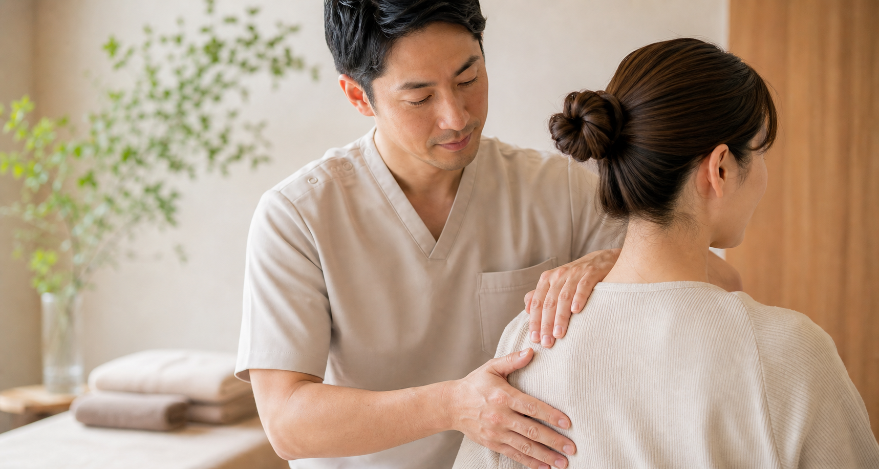 肩まわりをやさしく施術する様子